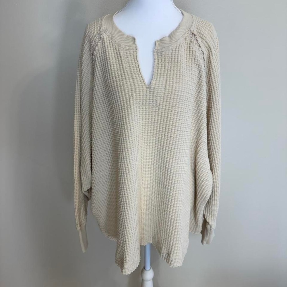 American Eagle Oversized Cream Waffle Knit Thermal Sweater Lace Womens XL Boho